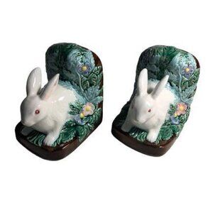 Takahashi Porcelain Rabbit Floral and Leaf Bookends Made in Japan #99